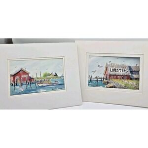 Pr of Watercolor Prints Ocean Seaside Fisherman Coastal Lobsters Dock Nautical
